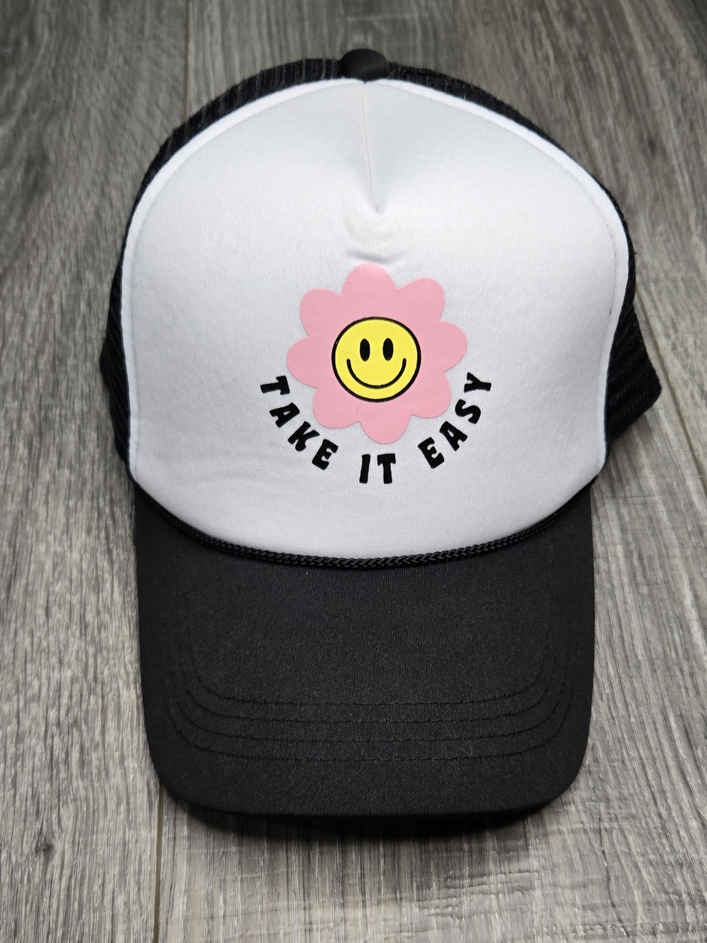 Take It Easy Smiley Flower Black White Foam Trucker Hat Snapback Retro Y2K.